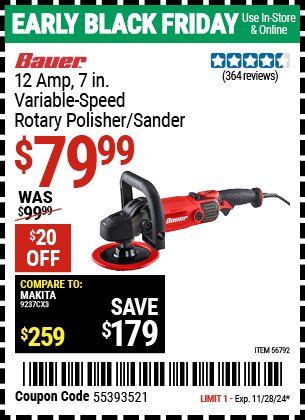 BAUER 12 Amp, 7 in. Variable Speed Rotary Polisher/Sander