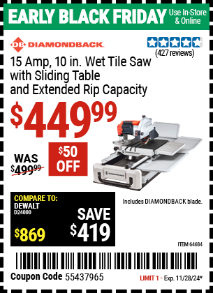 DIAMONDBACK 15 Amp 10 in. Wet Tile Saw with Sliding Table and Extended Rip Capacity