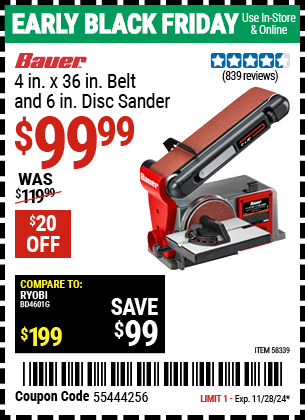 BAUER 4 in. x 36 in. Belt and 6 in. Disc Sander