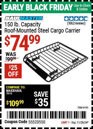 HAUL-MASTER 150 Lb. Capacity Roof-Mounted Steel Cargo Carrier