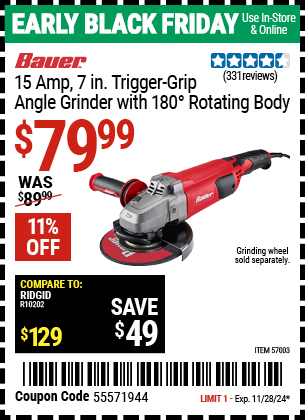 BAUER 15 Amp 7 in. Trigger Grip Angle Grinder with 180° Rotating Body