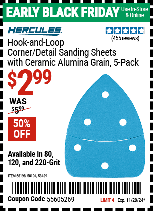 HERCULES 220 Grit Hook and Loop Corner/Detail Sanding Sheets with Ceramic Alumina Grain, 5 Pack