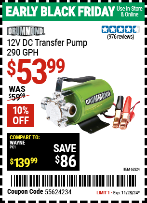 DRUMMOND 12V DC Transfer Pump 290 GPH
