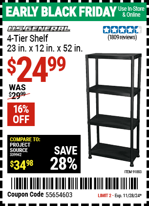 U.S. GENERAL 4-Tier Shelf, 23 in. x 12 in. x 52 in.