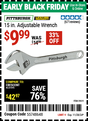 PITTSBURGH 15 in. Adjustable Wrench