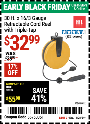 HFT 30 ft. x 16/3 Gauge Retractable Cord Reel with Triple Tap, Black