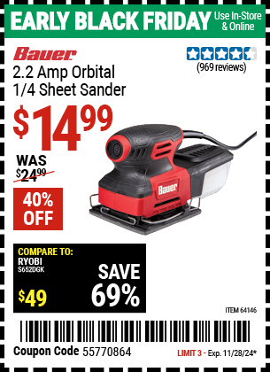 BAUER 2.2 Amp Orbital 1/4 Sheet Sander