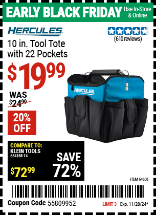 HERCULES 10 in. Tool Tote with 22 Pockets