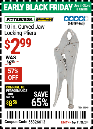 PITTSBURGH 10 in. Curved Jaw Locking Pliers