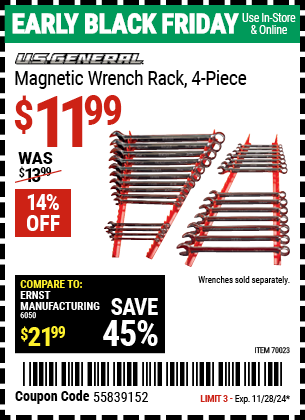 U.S. GENERAL Magnetic Wrench Rack, 4-Piece