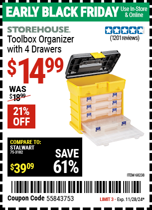 STOREHOUSE Toolbox Organizer with 4 Drawers