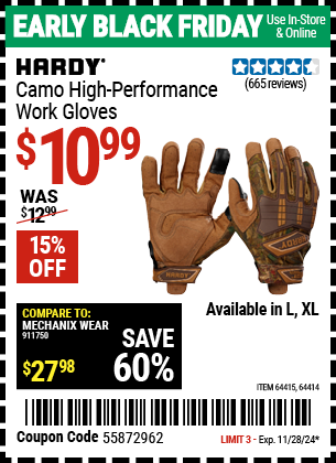 HARDY Camo High-Performance Work Gloves, X-Large