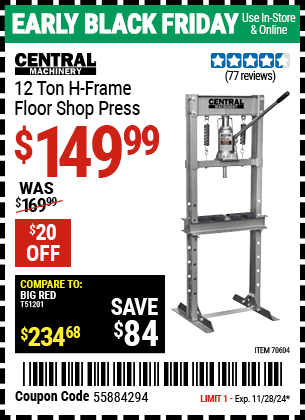 CENTRAL MACHINERY 12 Ton H-Frame Floor Shop Press