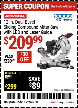 ADMIRAL 12 in. Dual-Bevel Sliding Compound Miter Saw with LED and Laser Guide