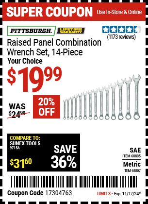 PITTSBURGH Raised Panel SAE Combination Wrench Set, 14 Piece