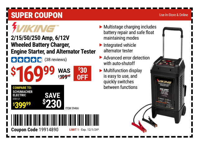 VIKING 2/15/50/250 Amp 6/12V Wheeled Battery Charger, Engine Starter, and Alternator Tester-Coupon