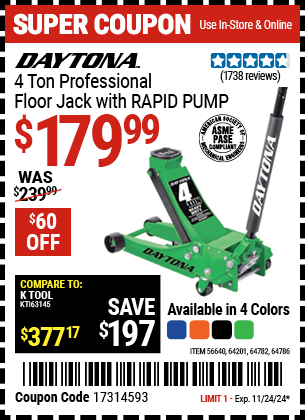 DAYTONA 4 Ton Professional Floor Jack with RAPID PUMP