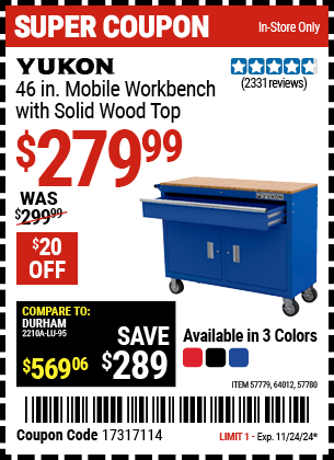 YUKON 46 in. Mobile Workbench with Solid Wood Top