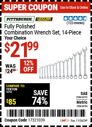 PITTSBURGH Fully Polished Metric Combination Wrench Set, 14-Piece