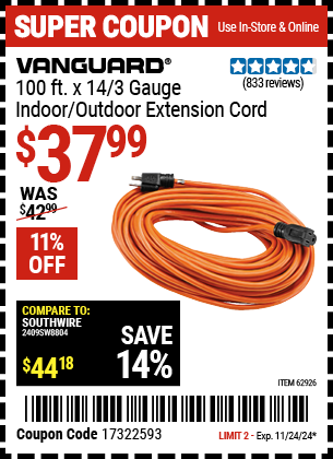 VANGUARD 100 ft. x 14/3 Gauge Indoor/Outdoor Extension Cord