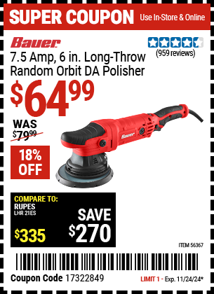 BAUER 7.5 Amp, 6 in. Long-Throw Random Orbit DA Polisher