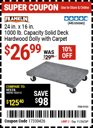 FRANKLIN 24 in. x 16 in. 1000 lb. Capacity Solid Deck Hardwood Dolly with Carpet