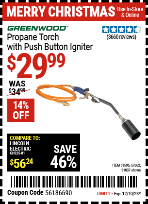 GREENWOOD: Propane Torch with Push Button Igniter