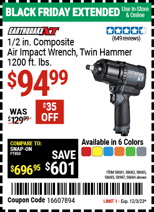 EARTHQUAKE XT: 1/2 in. Composite Air Impact Wrench, Twin Hammer, 1200 ft. lbs., Blue