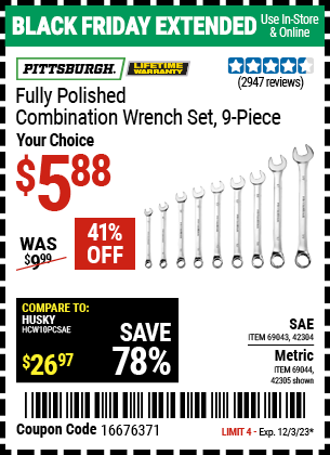 PITTSBURGH: Fully Polished Metric Combination Wrench Set, 9 Piece