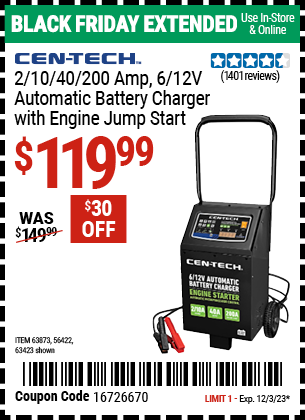 CEN-TECH: 2/10/40/200 Amp, 6/12V Automatic Battery Charger with Engine Jump Start
