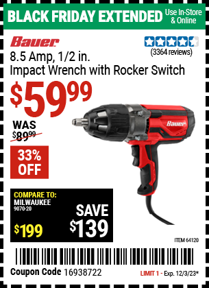 BAUER: 8.5 Amp 1/2 in. Impact Wrench with Rocker Switch
