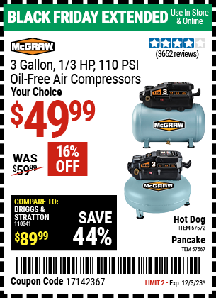 MCGRAW: 3 Gallon 1/3 HP 110 PSI Oil-Free Hot Dog Air Compressor