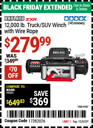 BADLAND ZXR: 12,000 lb. Truck/SUV Winch with Wire Rope