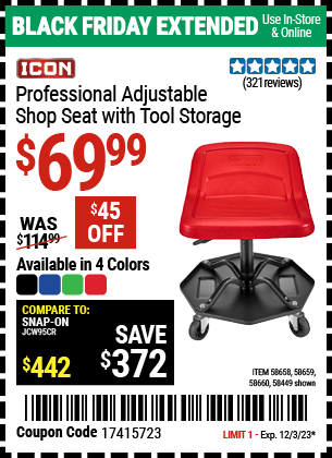 ICON: Professional Adjustable Shop Seat with Tool Storage, Red