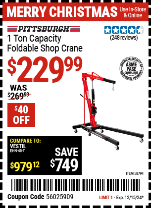 PITTSBURGH 1 Ton Capacity Foldable Shop Crane