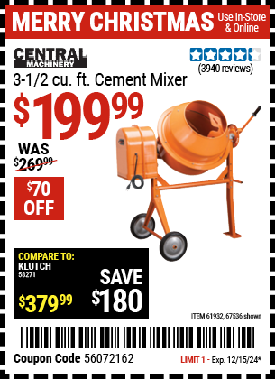 CENTRAL MACHINERY 3-1/2 Cubic Ft. Cement Mixer