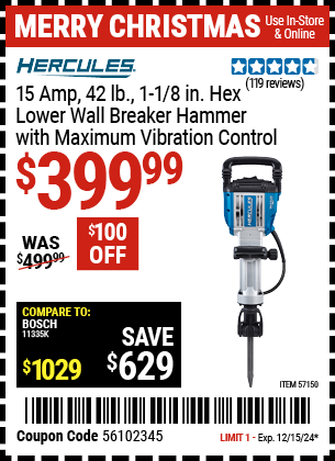 HERCULES 15 Amp 42 lb. 1-1/8 in. Hex Lower Wall Breaker Hammer with Maximum Vibration Control