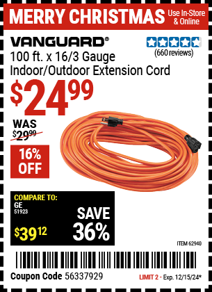 VANGUARD 100 ft. x 16/3 Gauge Indoor/Outdoor Extension Cord