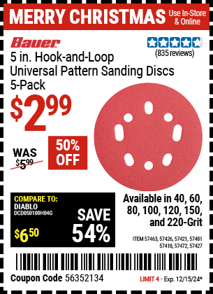 BAUER 5 in. 220 Grit Hook and Loop Universal Pattern Sanding Discs, 5 Pack