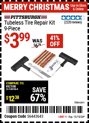 PITTSBURGH AUTOMOTIVE Tubeless Tire Repair Kit, 9-Piece