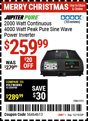 JUPITER PURE 2000 Watt Continuous/4000 Watt Peak Pure Sine Wave Power Inverter