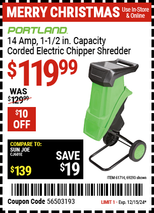 PORTLAND 14 Amp 1-1/2 in. Capacity Corded Electric Chipper Shredder