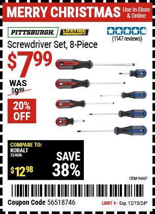 PITTSBURGH Screwdriver Set, 8 Piece