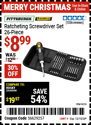 PITTSBURGH Ratcheting Screwdriver Set, 26 Piece