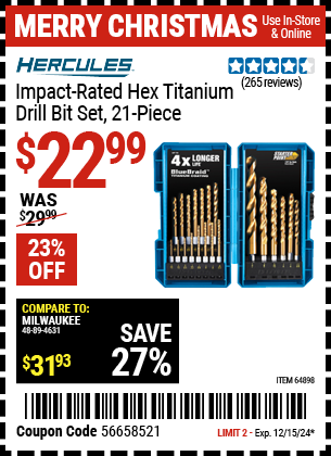 HERCULES Impact Rated Hex Titanium Drill Bit Set, 21 Piece