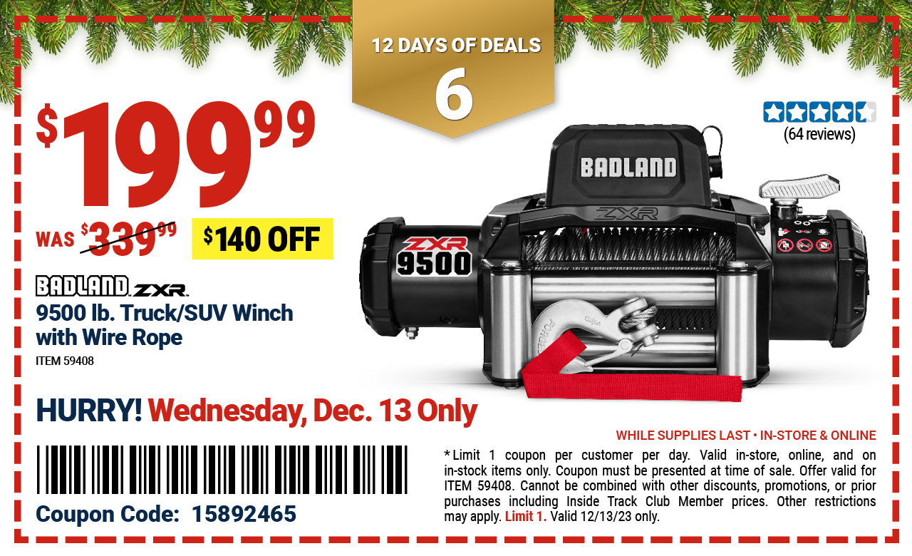 12 Days Of Deals Day 6 140 Off This Badland Zxr Winch With Wire Rope Harbor Freight 9689