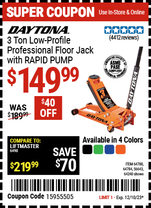 DAYTONA: 3 Ton Low-Profile Professional Floor Jack with RAPID PUMP, Orange - coupon
