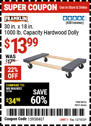 FRANKLIN: 30 in. x 18 in. 1000 lb. Capacity Hardwood Dolly - coupon