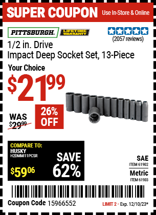 PITTSBURGH: 1/2 in. Drive SAE Impact Deep Socket Set, 13-Piece - coupon