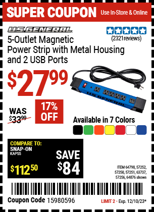 U.S. GENERAL: 5-Outlet Magnetic Power Strip with Metal Housing and 2 USB Ports, Blue - coupon